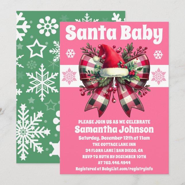Santa Baby Pink Christmas Coquette Bow Baby Shower Invitation (Front/Back)