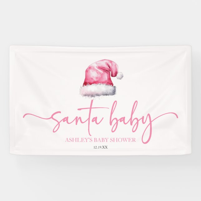 Santa Baby Pink Hat Christmas Holiday Baby Shower Banner (Horizontal)
