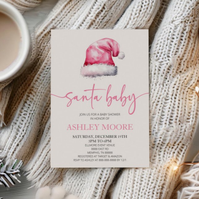 Santa Baby Pink Hat Christmas Holiday Baby Shower Invitation (Creator Uploaded)