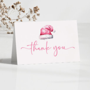 Santa Baby Pink Hat Christmas Holiday Baby Shower Thank You Card