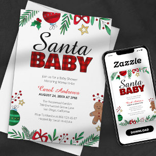 Santa Baby Plaid Botanical Christmas Baby Shower Invitation