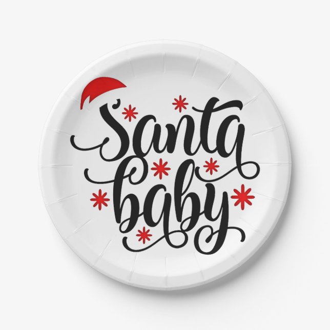 Santa Baby Pregnancy Announcement Christmas Santa Paper Plate (Front)