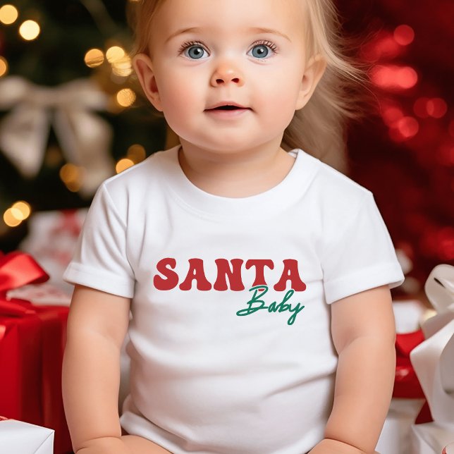 Santa Baby Red and Green Script Christmas Baby T-Shirt (Creator Uploaded)