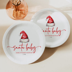 Santa Baby Red Hat Christmas Holiday Baby Shower Paper Plate