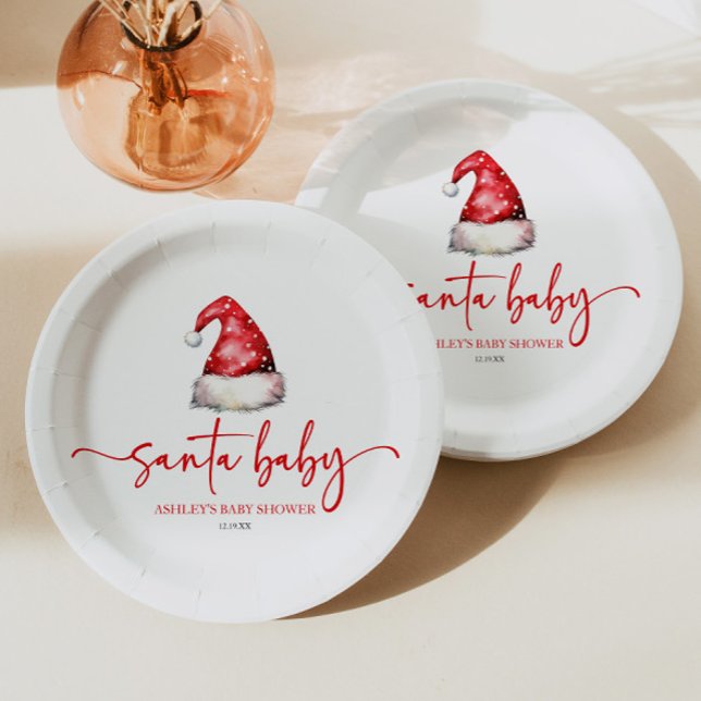 Santa Baby Red Hat Christmas Holiday Baby Shower Paper Plate (Creator Uploaded)