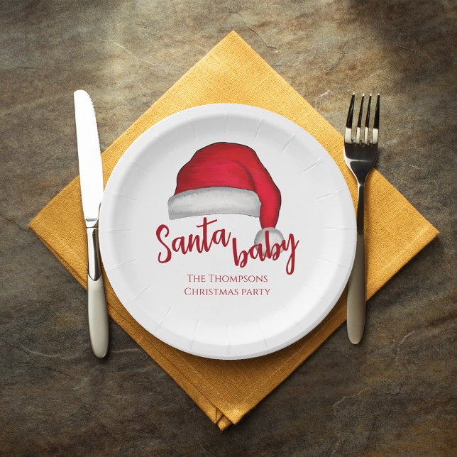 Santa Baby Red Simple Traditional Christmas  Paper Plate (Christmas holiday custom paper plate with Santa Baby typography. )