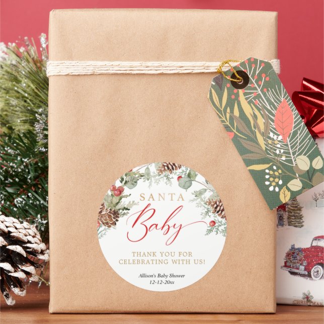 Santa Baby Rustic Winter Greenery baby shower Classic Round Sticker (Holiday)