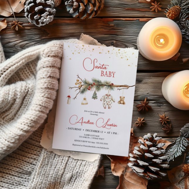 Santa Baby Rustic Winter Greenery baby shower Invitation (Creator Uploaded)