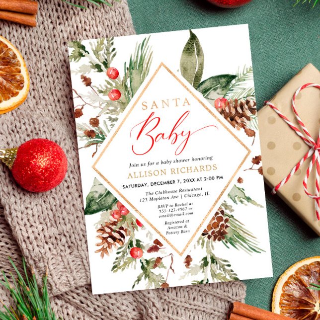 Santa Baby Rustic Winter Greenery baby shower Invitation (Creator Uploaded)