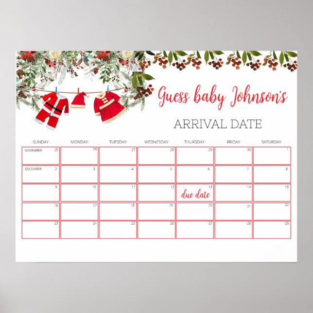 Santa Baby Shower Baby Due Date Calendar Game Poster (Front)
