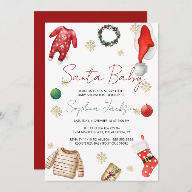 Santa Baby Shower Christmas Baby Clothes Winter Invitation (Front/Back)