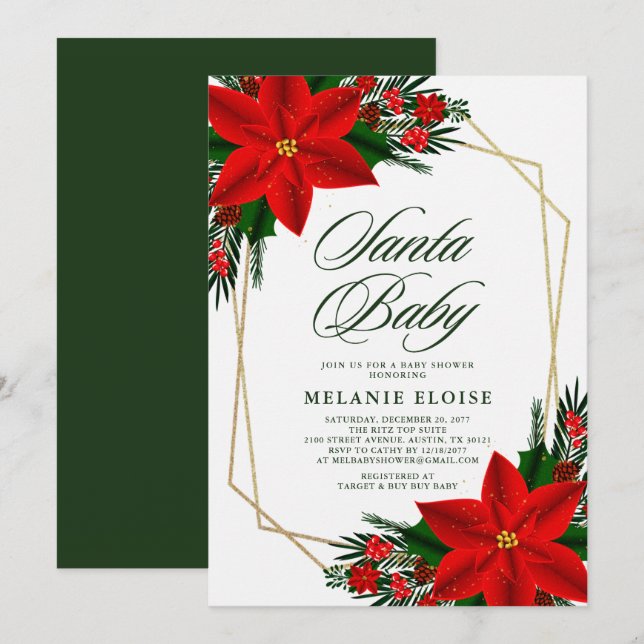 Santa Baby Shower Poinsettia Greenery Christmas Invitation (Front/Back)