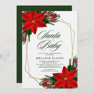 Santa Baby Shower Poinsettia Greenery Christmas Invitation