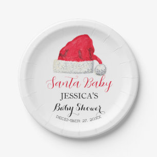 Santa Baby Shower Red Cute simple Winter Snowy Paper Plate