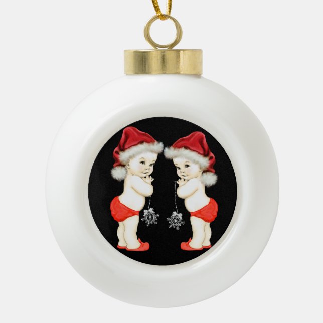 Santa Baby Twin Baby Boy Christmas Ceramic Ball Christmas Ornament (Front)
