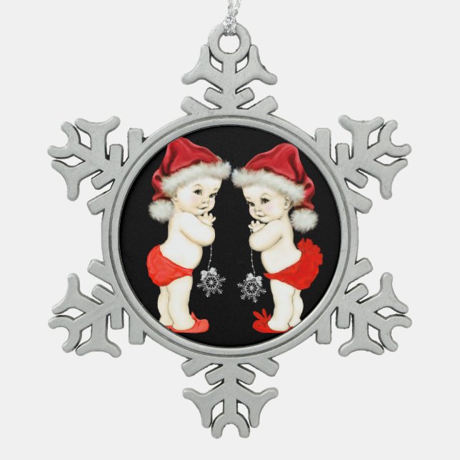 Santa Baby Twin Baby Christmas Snowflake Pewter Christmas Ornament (Front)