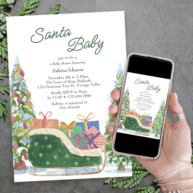 Santa Baby Vintage Sleigh Baby Shower Invitation (Santa Baby Christmas Baby Shower Invitation with christmas tree and green velvet sleigh)