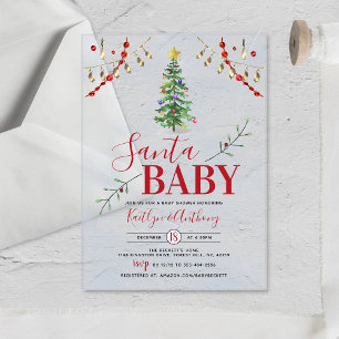 "Santa Baby" Watercolor Christmas Tree Baby Shower Acrylic Invitations