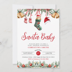 Santa Baby Watercolor Red Christmas Baby Shower Invitation