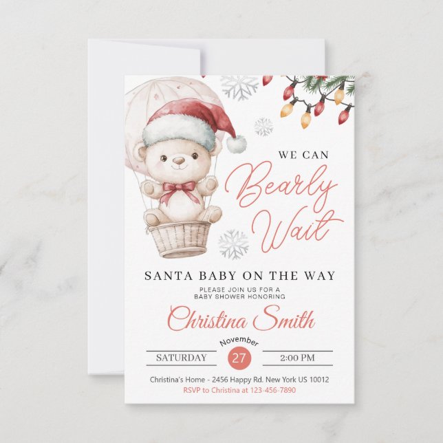 Santa Baby We Can Bearly Wait Baby Girl Shower Invitation (Front)