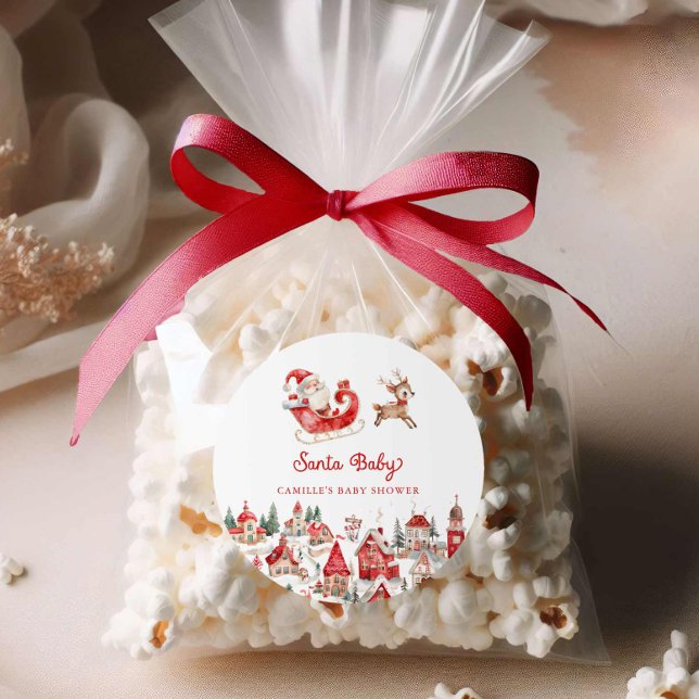 Santa Baby Winter Wonderland Baby Shower Classic Round Sticker (Santa Baby Christmas Baby shower round sticker)