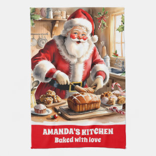 Santa Baking Christmas Bread Personalised Holiday Tea Towel