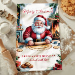 Santa Baking Cookies Personalised Merry Christmas Tea Towel<br><div class="desc">Add a festive touch to your kitchen with this charming personalised Christmas kitchen towel. Featuring Santa baking cookies by a cosy fireplace, this nostalgic design captures the warmth of the holidays. Perfect for holiday baking or as a thoughtful gift, customise it with your name to create a unique keepsake for...</div>