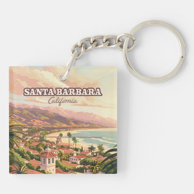 Santa Barbara Beach Central Coast California Retro Key Ring (Back)