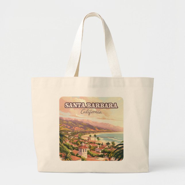 Santa Barbara Beach Central Coast California Retro Large Tote Bag (Front)