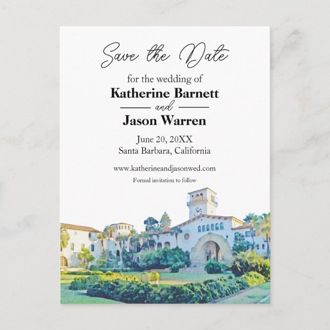 Santa Barbara Courthouse Save the Date Watercolor Postcard (Front)