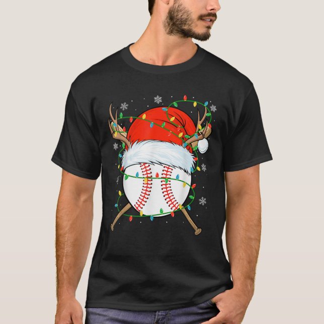 Santa Baseball Ball Xmas Lights Christmas Baseball T-Shirt (Front)