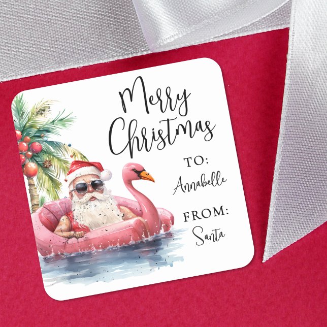 Santa Beach Christmas Gift Tag Sticker (Santa Beach Christmas Gift Tag Sticker)