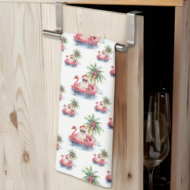 Santa Beach Christmas Tea Towel (Santa Beach Christmas kitchen towel)