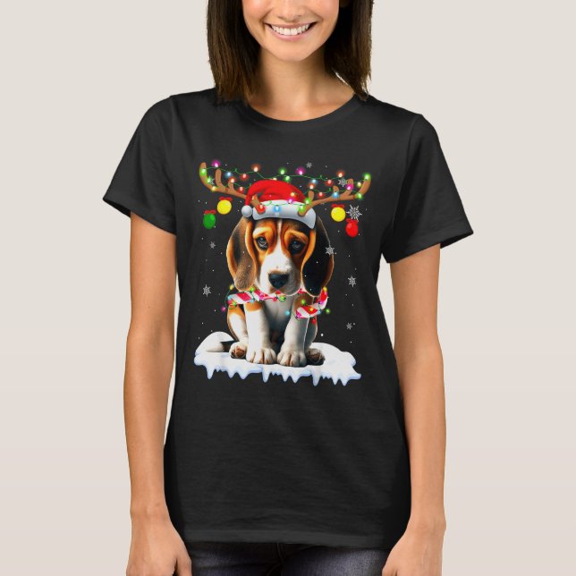 Santa Beagle Christmas Lights Funny Reindeer Dog X T-Shirt (Front)