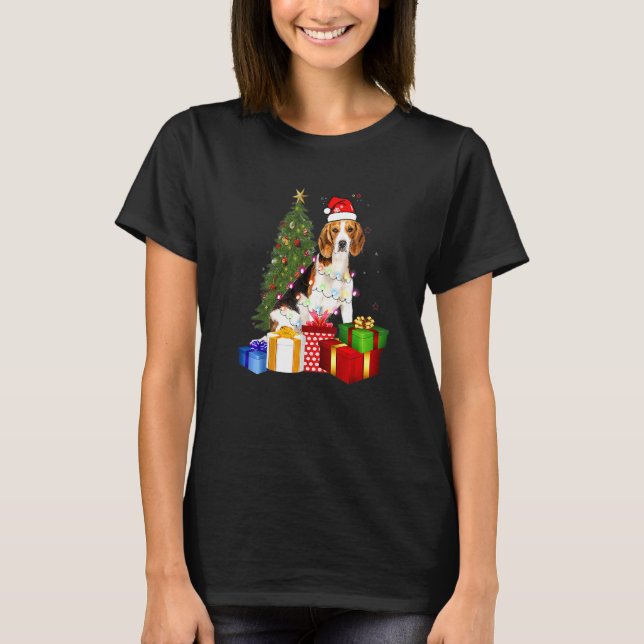 Santa Beagle Dog Christmas Tree Light  Xmas Dog T-Shirt (Front)