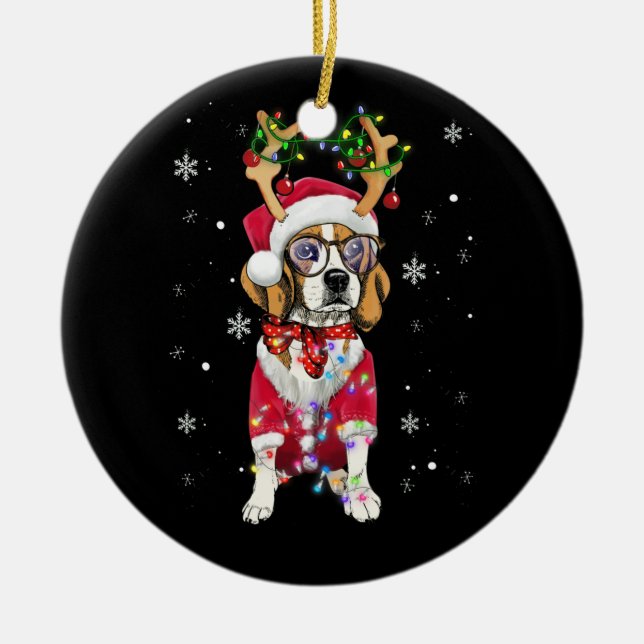 Santa Beagle reindeer Light Christmas gifts Ceramic Ornament (Front)