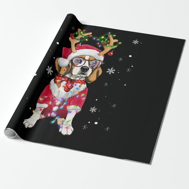 Santa Beagle reindeer Light Christmas gifts Wrapping Paper (Unrolled)