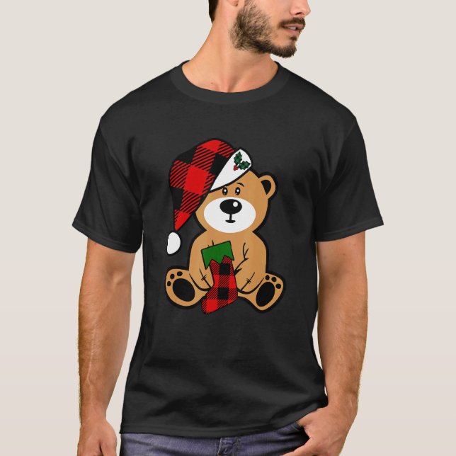 Santa Bear Buffalo Plaid Stocking And Hat Christma T-Shirt (Front)