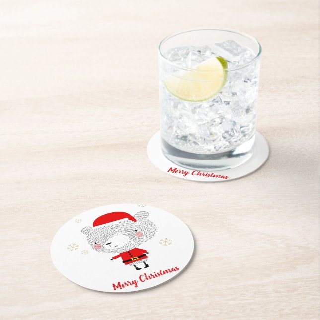 Santa Bear Doodles Round Paper Coaster (Insitu)