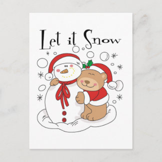 Santa Bear & Snowman Let It Snow Holiday Postcard
