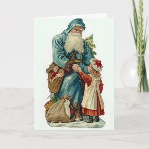 Santa bearing gifts for girl Vintage Holiday Card