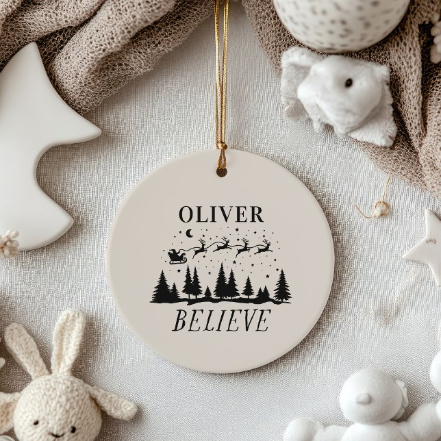 Santa believe Christmas traditional beige photo Ceramic Ornament (Creator Uploaded)