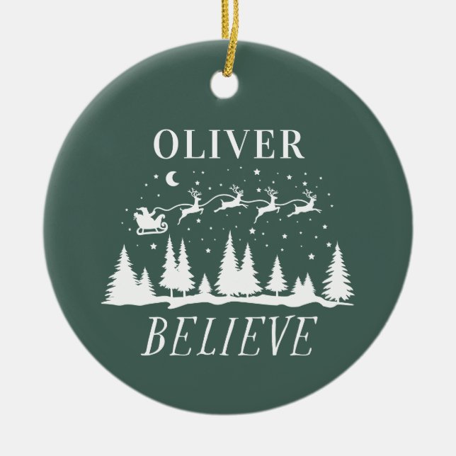 Santa believe Christmas traditional green Ceramic Ornament (Front)
