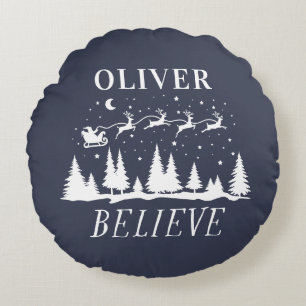 Santa believe Christmas traditional navy photo Round Cushion