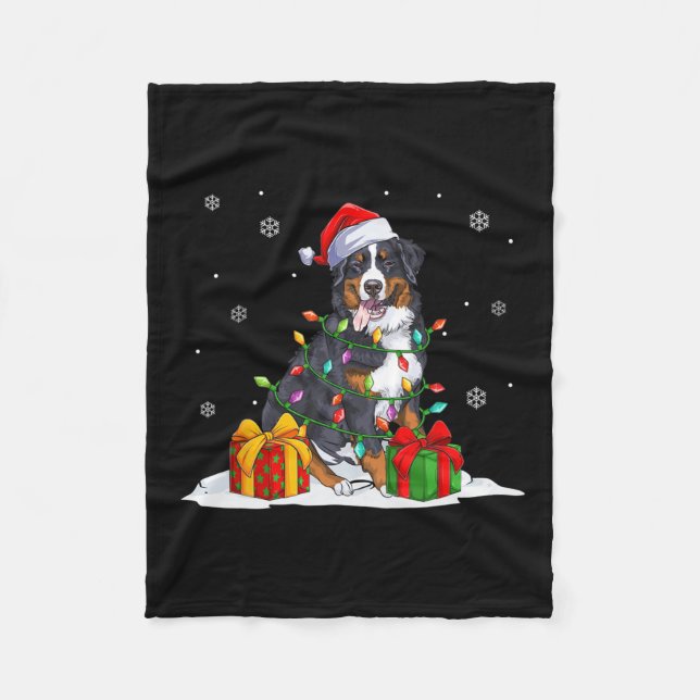 Santa bernese mountain christmas tree lights xmas  fleece blanket (Front)