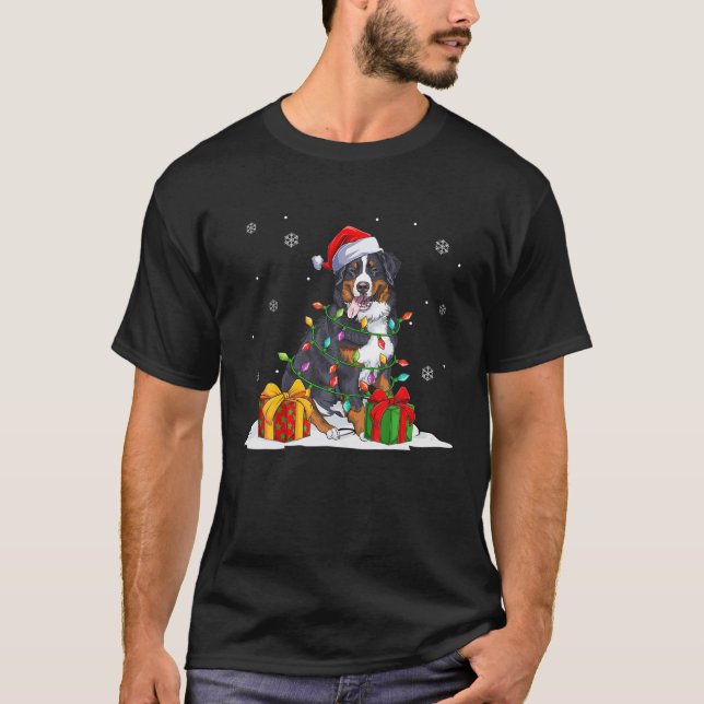Santa Bernese Mountain Christmas Tree Lights Xmas T-Shirt (Front)