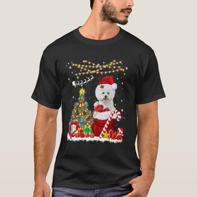 Santa Bichon Frise Christmas Tree Lights Dog Owner T-Shirt (Front)