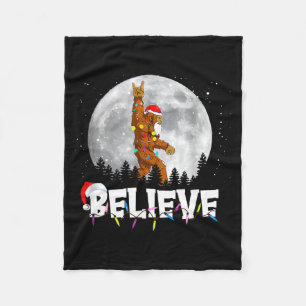 Santa Bigfoot Christmas Light Funny Believe Fleece Blanket