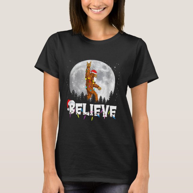 Santa Bigfoot Christmas Light Funny Believe  T-Shirt (Front)