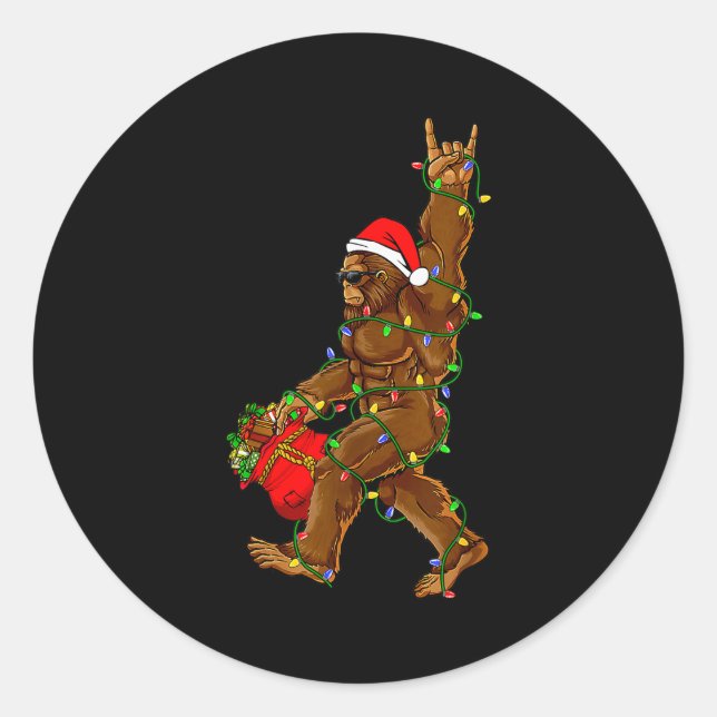 Santa Bigfoot Christmas Lights Funny Sasquatch Bel Classic Round Sticker (Front)